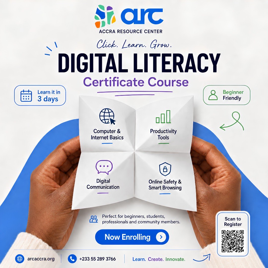 ARC Digital Literacy Certificate Course — 3 days, beginner friendly. Covers computer and internet basics, productivity tools, digital communication, and online safety. Now enrolling.